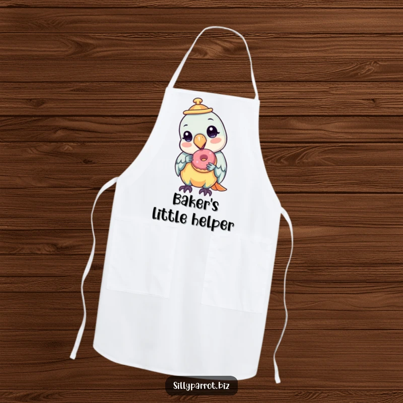 Funny apron showing a parrot in a tilted hat, savoring a tiny donut, adding a touch of sweetness to cooking.