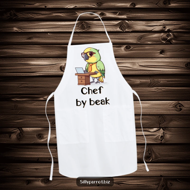 Funny kitchen apron with a parrot in a tie and glasses working diligently at a desk.
