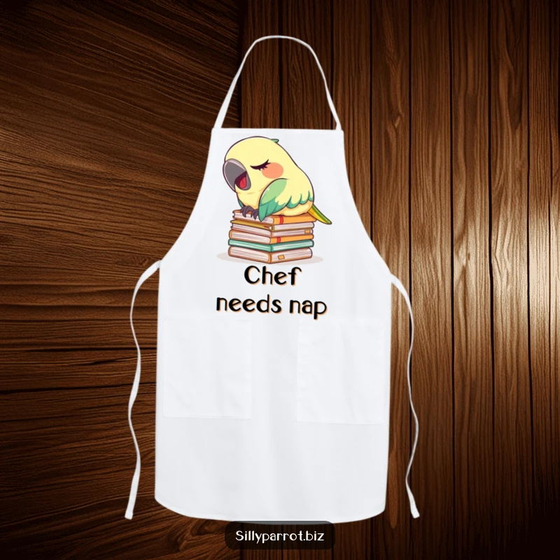 Funny apron depicting a tired parrot napping on files, yawning softly, ideal for a kitchen that needs a laugh.
