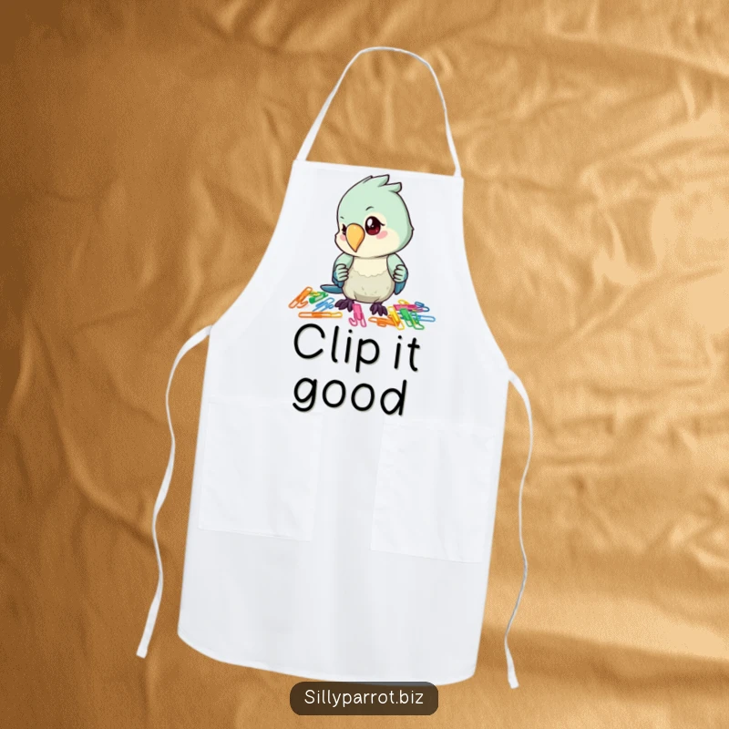 Funny apron featuring a parrot looking focused while organizing a colorful assortment of paper clips, ready for kitchen tasks.
