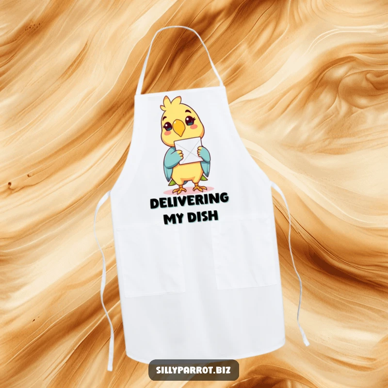 Funny kitchen apron with a cheerful parrot delivering a message with its beak.
