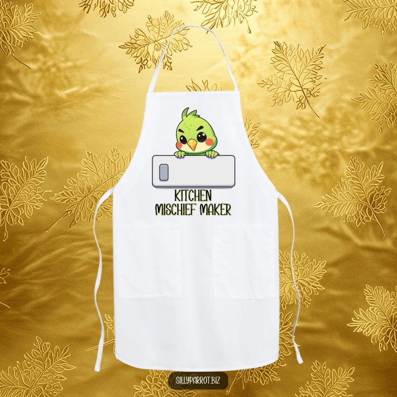 Funny kitchen apron with a parrot peeking over a cubicle wall with a mischievous grin.