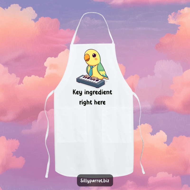 Funny Parrot Apron showing a parrot in a tiny tie typing on a miniature keyboard, perfect for a humorous cooking experience.