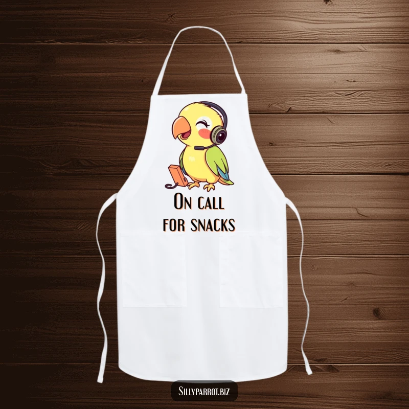 Funny Parrot Apron showing a parrot wearing a headset talking into a tiny phone, perfect for a humorous cooking experience.