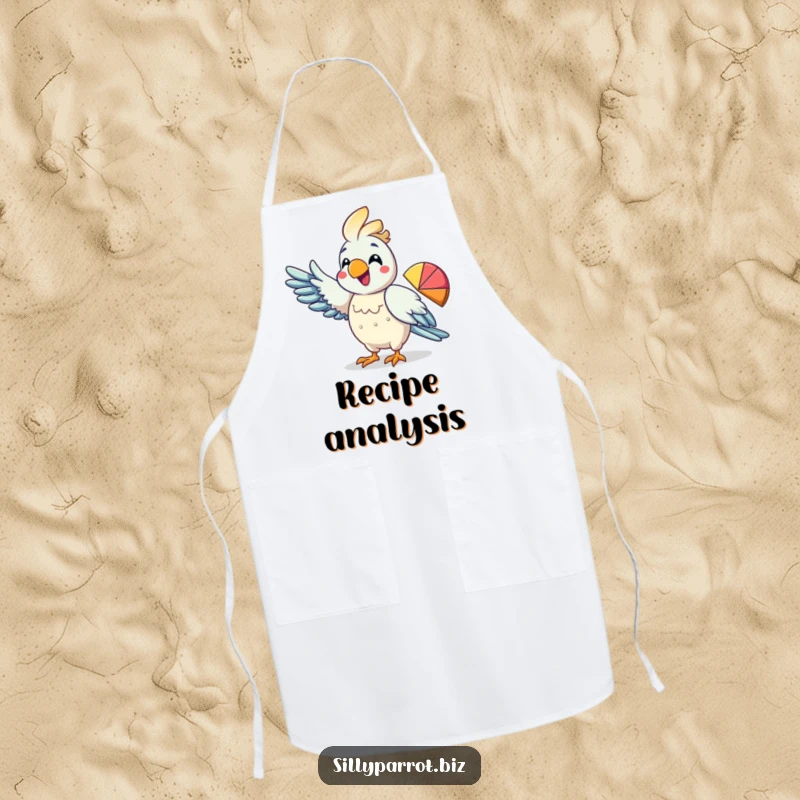 Funny apron with an energetic parrot pointing its wing at a pie chart, ideal for analytical cooks.
