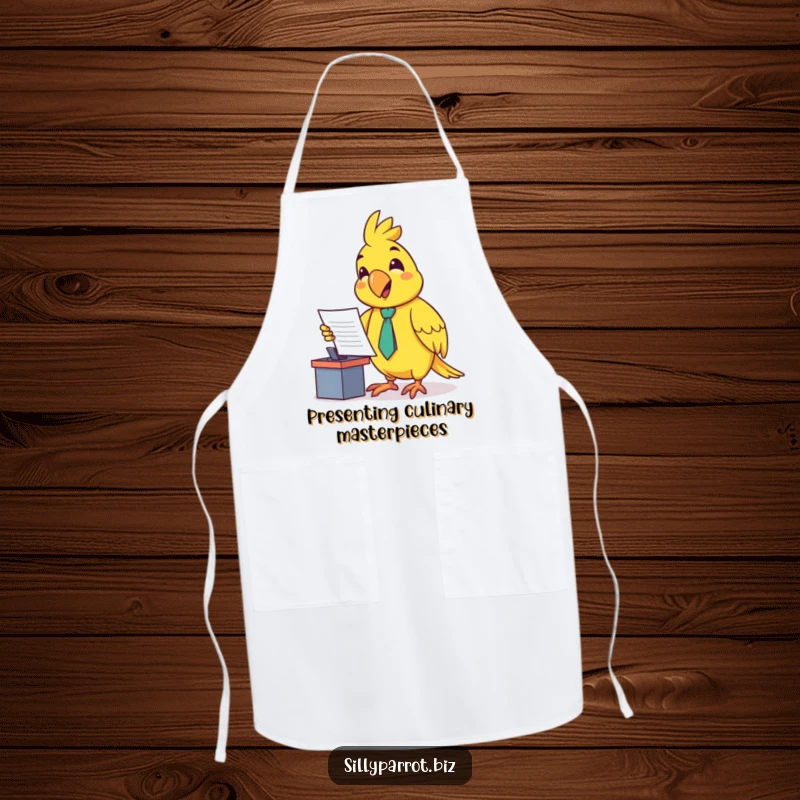Funny apron depicting a happy parrot in a small tie, enthusiastically presenting a document at a tiny desk, perfect for the office cook.
