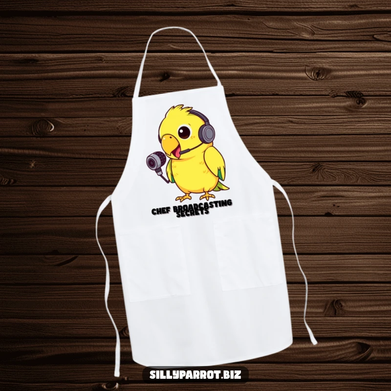 Funny apron depicting a silly parrot with a tiny headset, energetically squawking into a small microphone with gusto, perfect for the loud kitchen.