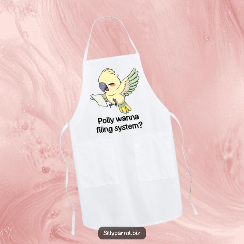 Funny apron: A parrot in distress flies with papers, a humorous kitchen scene of organized chaos and a search for tools.