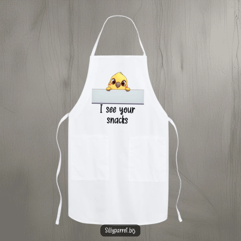 Funny apron: A parrot with big eyes peeks over a cubicle, a humorous and engaging kitchen accessory.