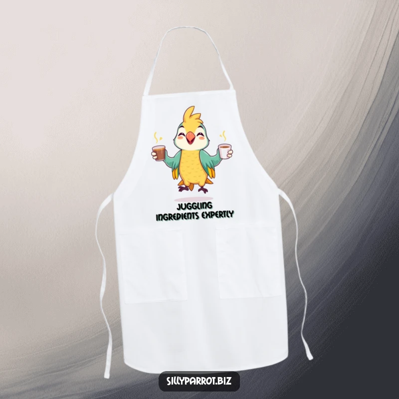 Funny apron depicting a cheerful parrot juggling coffee cups with a mischievous grin, ideal for a fun kitchen.