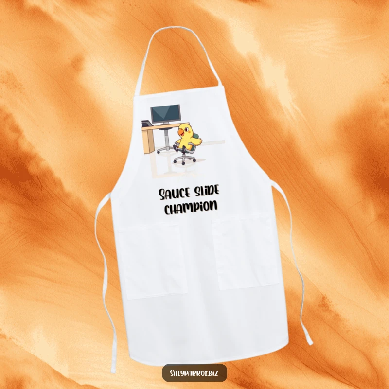 Funny parrot wearing an apron, comically sliding on a rolling chair across an office floor, ready for kitchen fun.