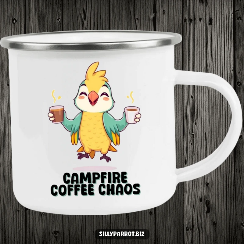 Funny camping mug with a cheerful parrot juggling coffee cups, perfect for outdoor enthusiasts who enjoy lively designs.
