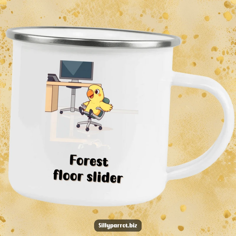 Funny parrot comically sliding on a rolling chair across an office floor on a durable camping mug.