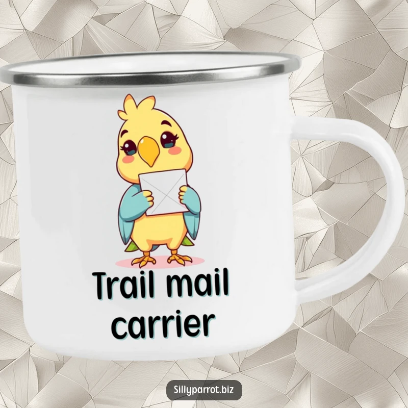Funny camping mug illustration of a cheerful parrot delivering a paper message with its beak.