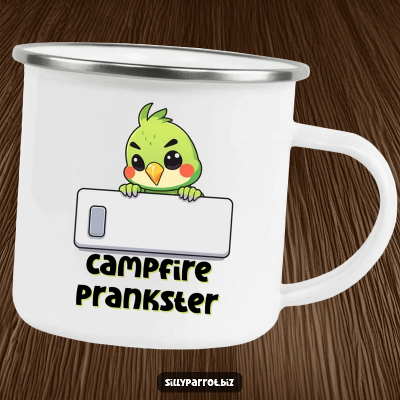 Funny camping mug illustration of a parrot peeking over a cubicle wall with a mischievous grin.