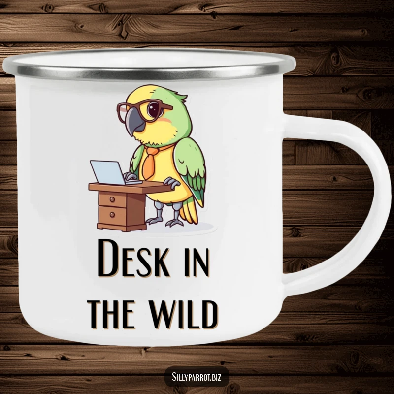 Funny camping mug illustration of a parrot in a tie and glasses working at a tiny desk.