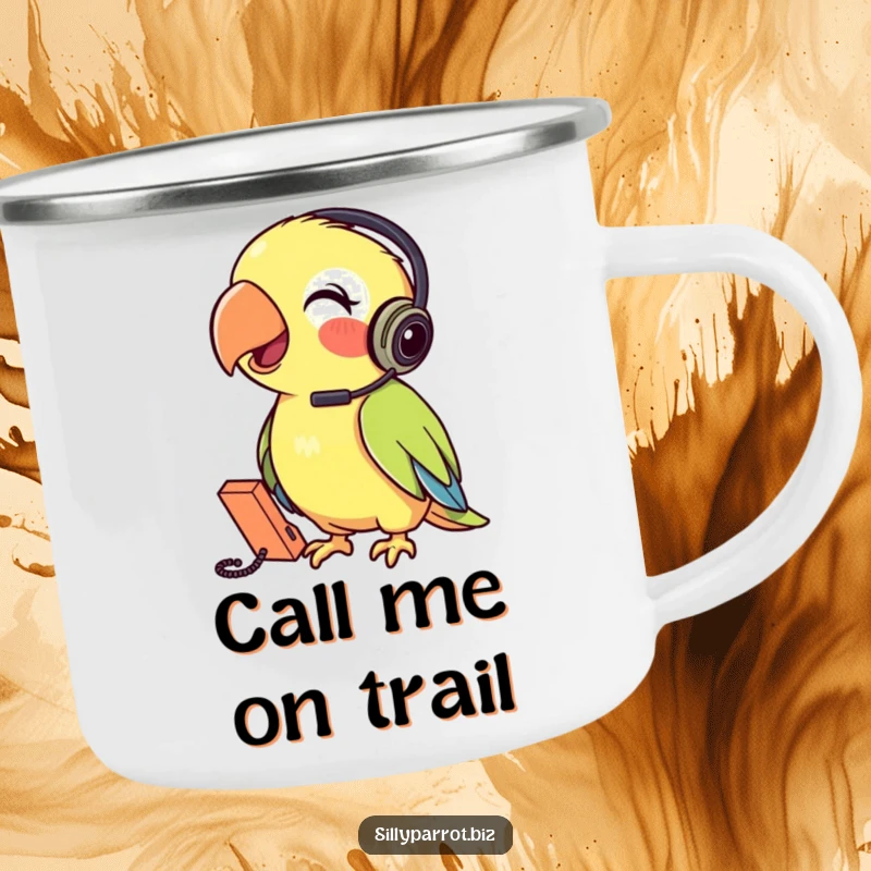 Funny Parrot Camping Mug featuring a parrot wearing a headset talking into a tiny phone, perfect for outdoor enthusiasts who love a laugh.