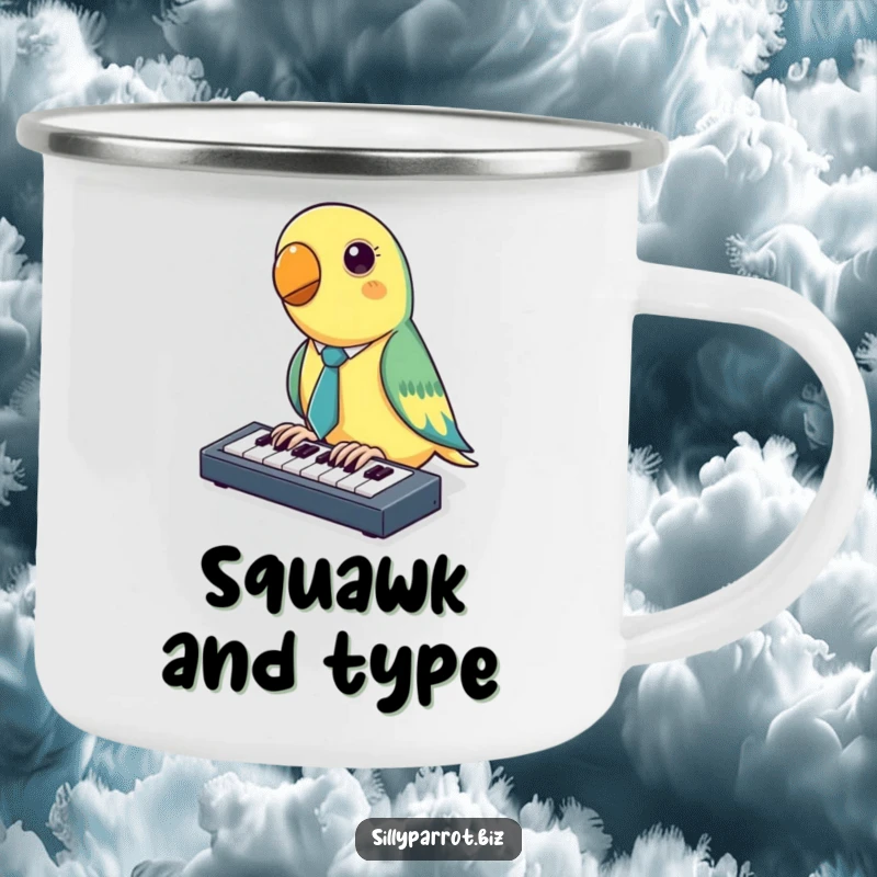 Funny Parrot Camping Mug featuring a parrot in a tiny tie tapping on a miniature keyboard, perfect for outdoor enthusiasts who love a laugh.