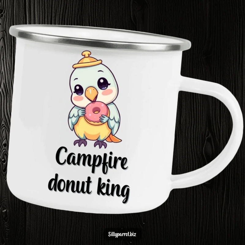 Funny camping mug with a parrot in a tilted hat, happily eating a tiny donut, perfect for outdoor enjoyment.