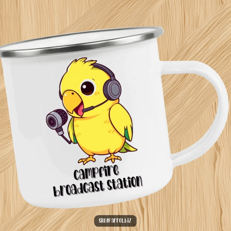 Funny camping mug showing a silly parrot with a tiny headset, energetically squawking into a small microphone with gusto, ready for loud adventures.