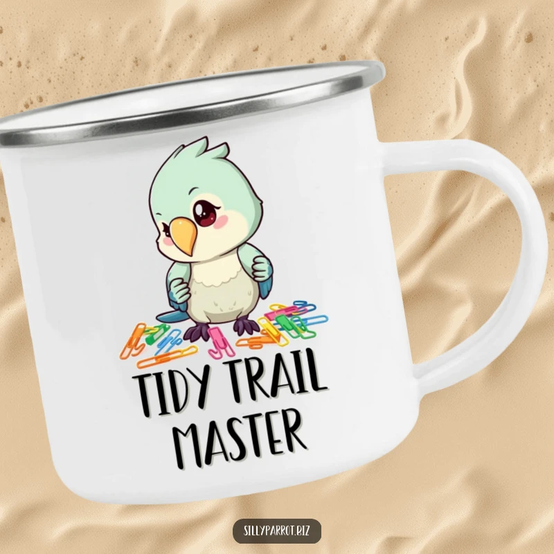Funny camping mug featuring a parrot with a concentrated expression, organizing a pile of colorful paper clips outdoors.