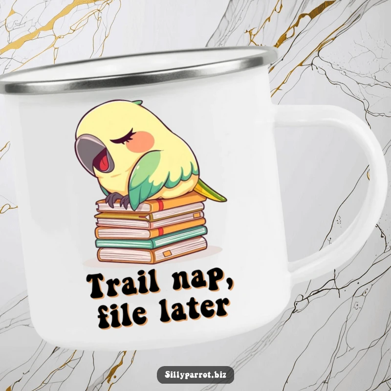 Funny camping mug with a tired parrot napping on files, yawning, perfect for those who appreciate a good break.