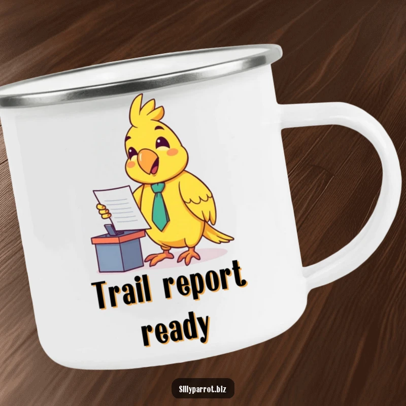 Funny camping mug showing a happy parrot in a small tie, enthusiastically presenting a document at a tiny desk, ready for work and fun.