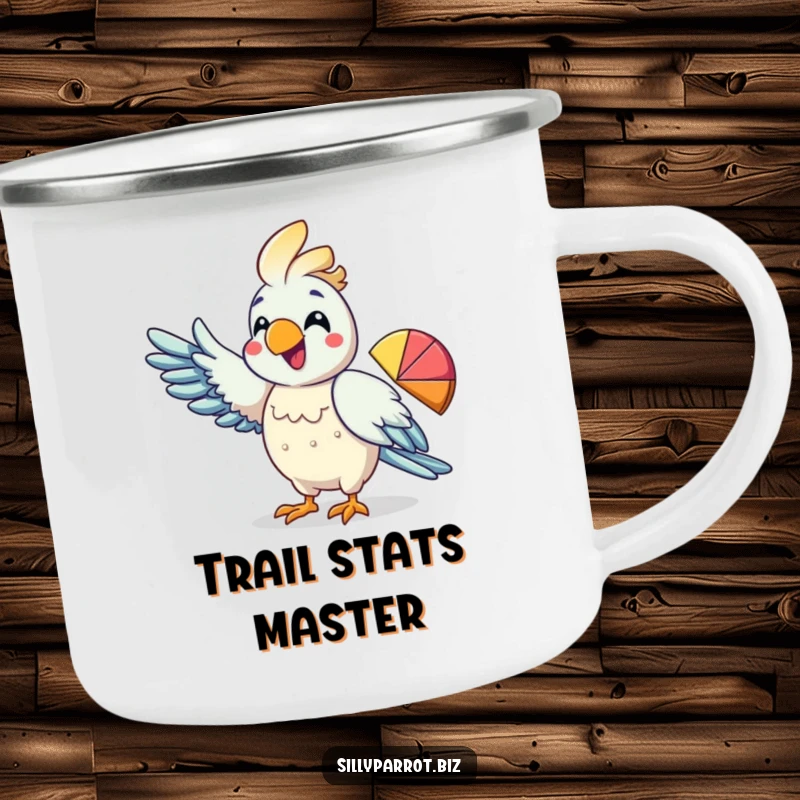 Funny camping mug with an excited parrot pointing its wing at a pie chart, perfect for outdoor data analysis.