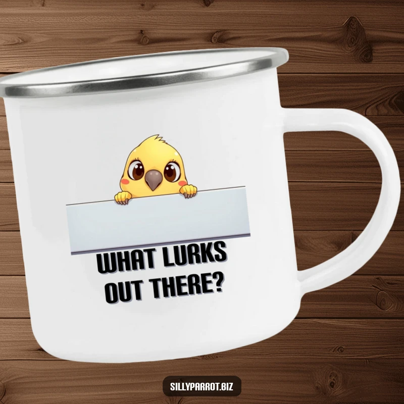 Funny camping mug: A curious parrot with wide eyes peeks over a cubicle, bringing office humor to outdoor adventures.