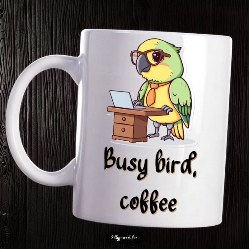 Funny mug illustration of a parrot wearing a tie and glasses, looking busy at a mini desk.