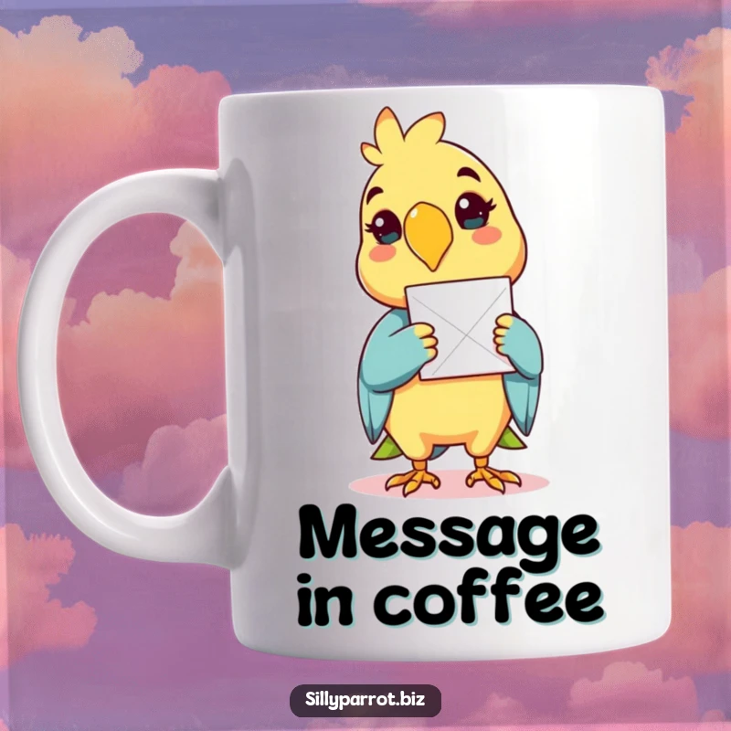 Funny mug illustration of a happy parrot holding a paper message in its beak.