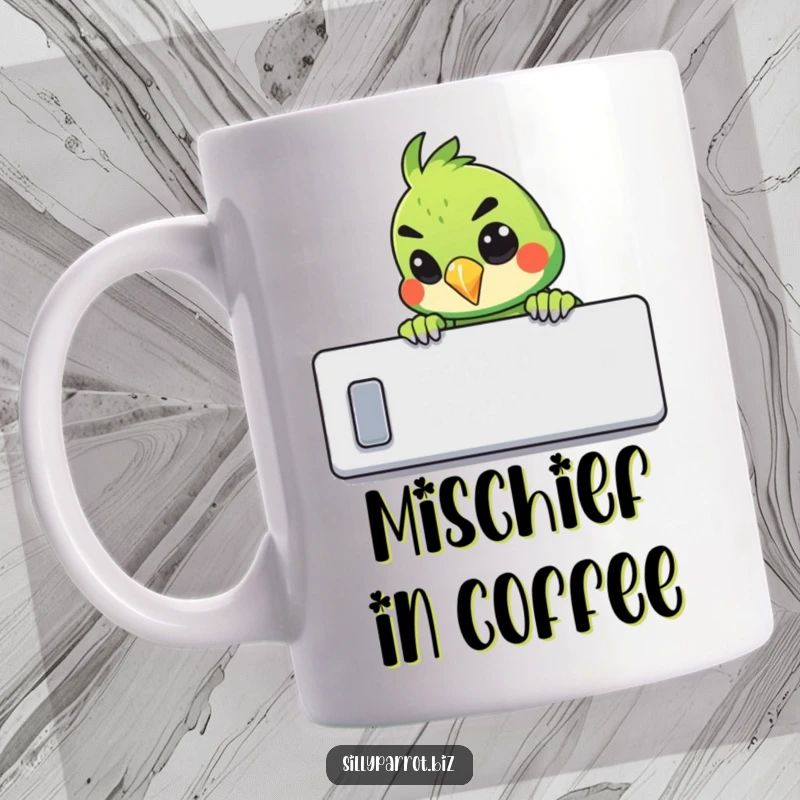 Funny mug illustration of a parrot peeking over a cubicle wall with a mischievous grin.