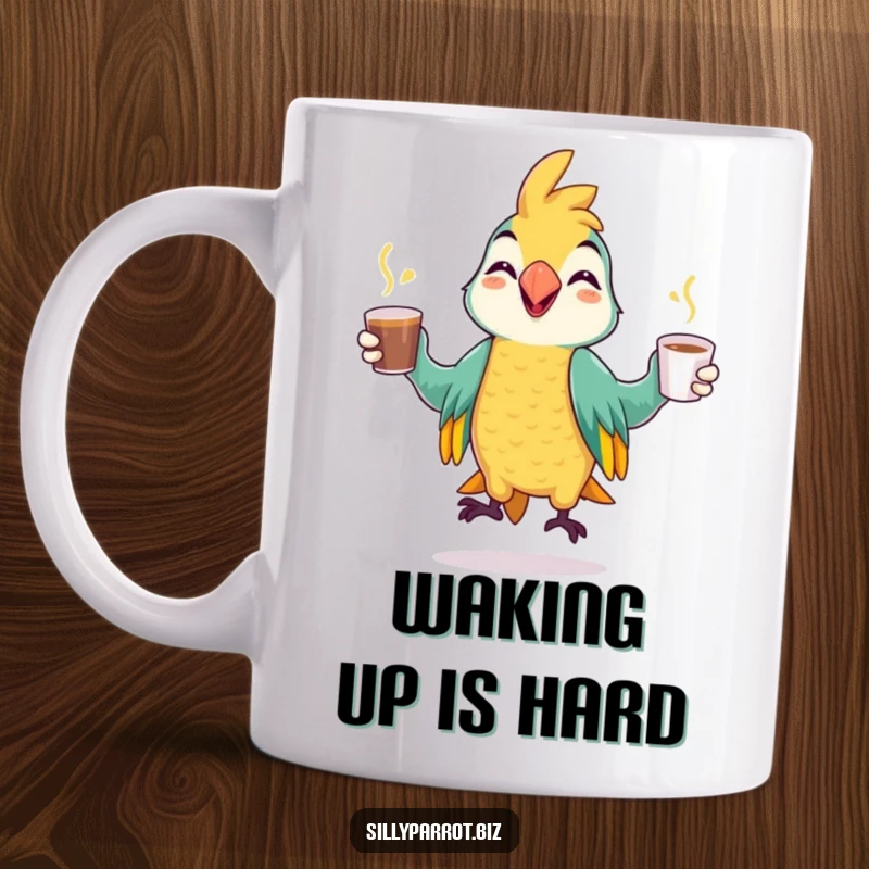 Funny mug featuring a cheerful parrot expertly juggling multiple coffee cups with a mischievous grin, full of energy.