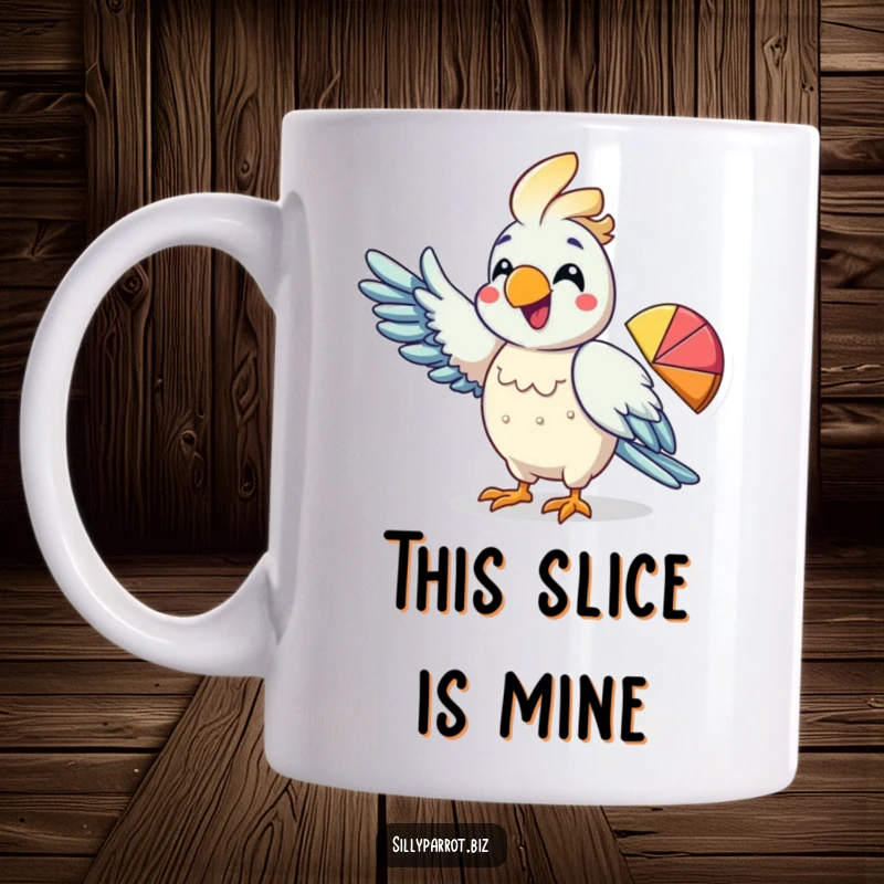 Funny mug with an excited parrot character enthusiastically pointing its wing towards a colorful pie chart, illustrating data.