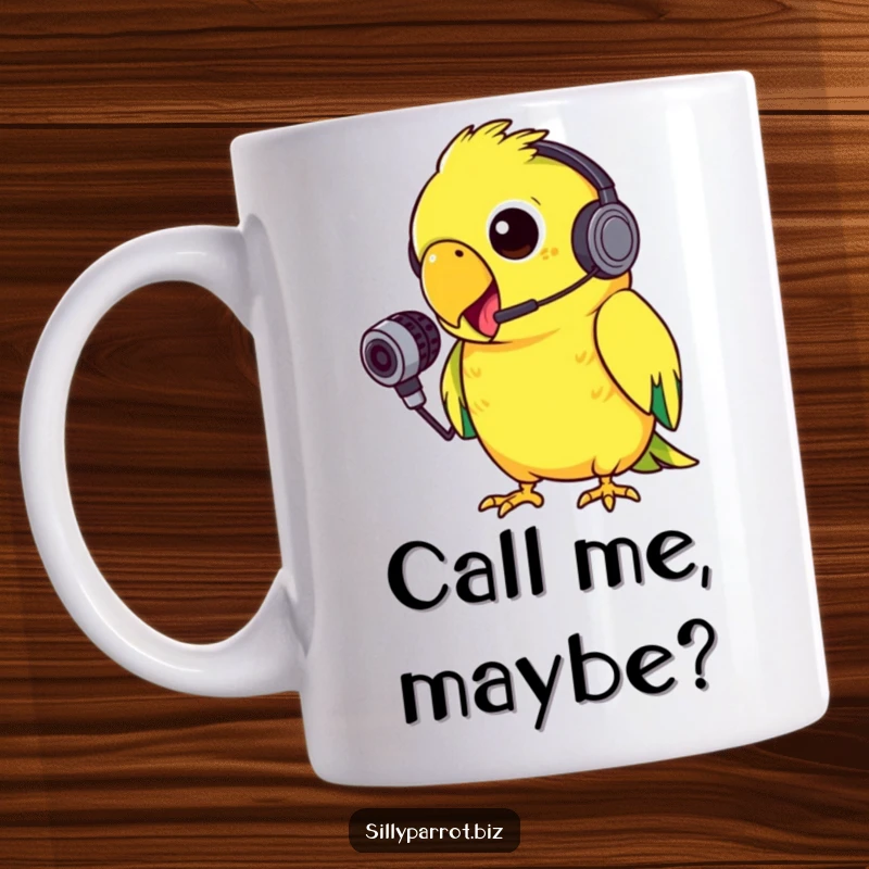 Funny mug featuring a silly parrot with a tiny headset, squawking into a small microphone with gusto, full of loud enthusiasm.