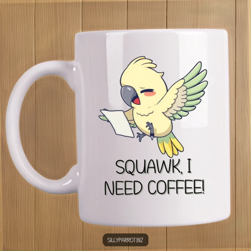 Funny mug: A comical stressed parrot flies with papers, desperately searching for a pen, embodying office panic.