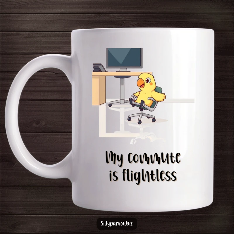 Funny parrot comically sliding across a shiny office floor on a rolling chair on this humorous mug.
