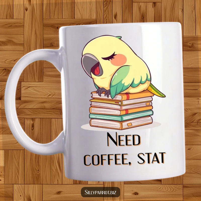 Funny mug featuring a tired parrot napping on a stack of files, letting out a tiny yawn, embodying exhaustion.