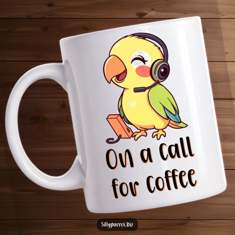 Funny Parrot Phone Mug featuring a parrot wearing a headset cheerfully talking into a tiny phone, showing communication and humor.