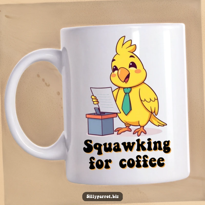 Funny mug featuring a happy parrot wearing a tiny tie, enthusiastically presenting a document at a small desk, looking very professional.