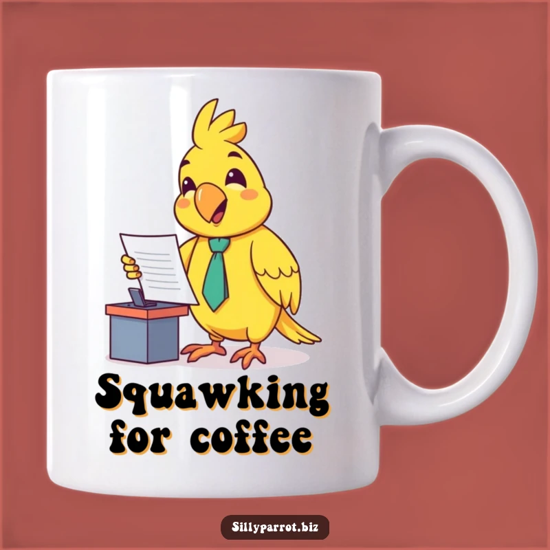 Funny Parrot Presenter Mug: Enthusiastic Bird Boss Gift for Office Humor