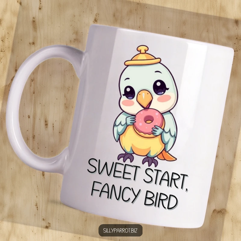 Funny mug featuring a parrot wearing a small, tilted hat, happily munching on a tiny donut with a content expression.
