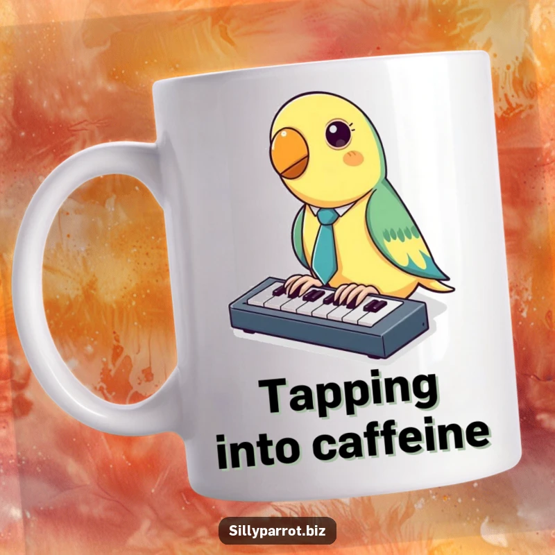 Funny Parrot Keyboard Mug featuring a parrot in a tiny tie enthusiastically tapping on a miniature keyboard, showing focus and humor.