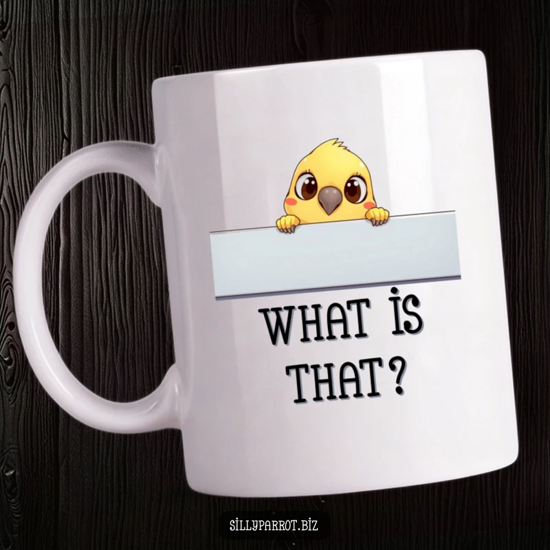 Funny mug: A curious parrot with wide eyes peeks over a cubicle wall, embodying playful office intrigue.
