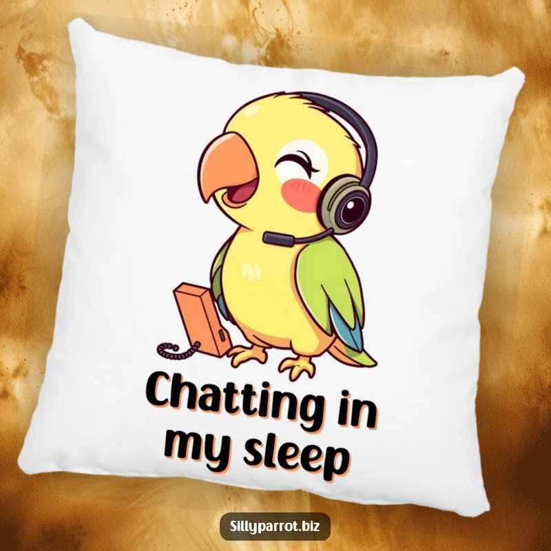 Funny Parrot Pillow featuring a parrot wearing a headset talking into a tiny phone, providing comfort and playful humor.