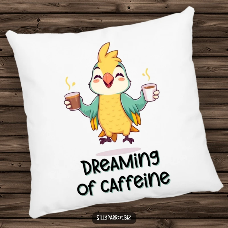 Funny pillow featuring a cheerful parrot juggling coffee cups with a mischievous grin, adding playful comfort to any room.