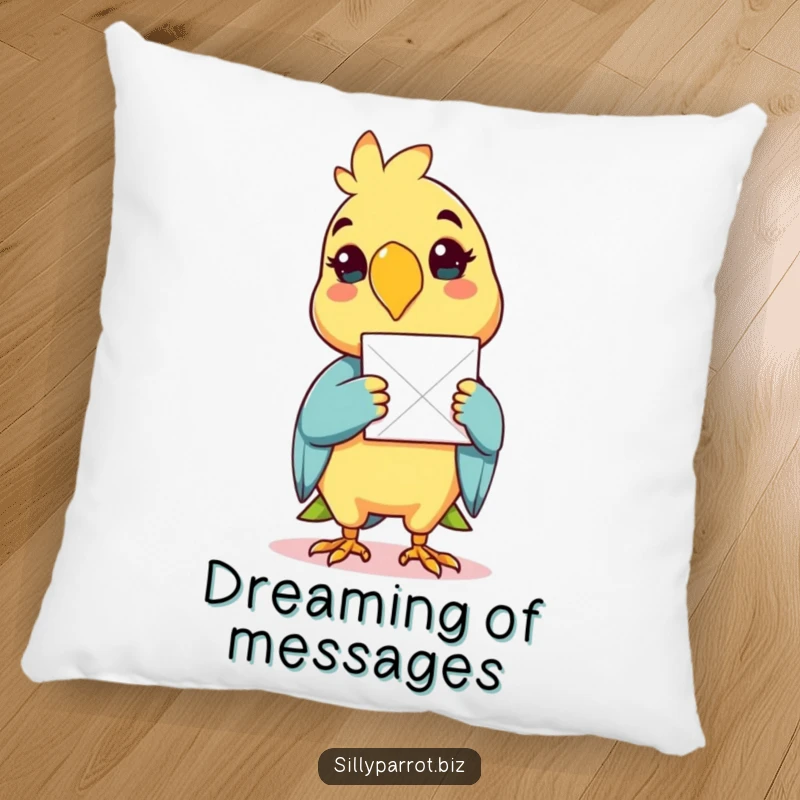 Funny pillow featuring a cheerful parrot holding a paper message in its beak.