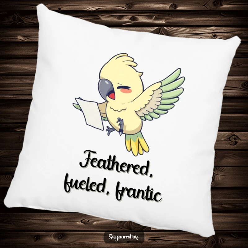 Funny pillow: A stressed parrot clutches papers, humorously depicting office overload and the quest for a pen.