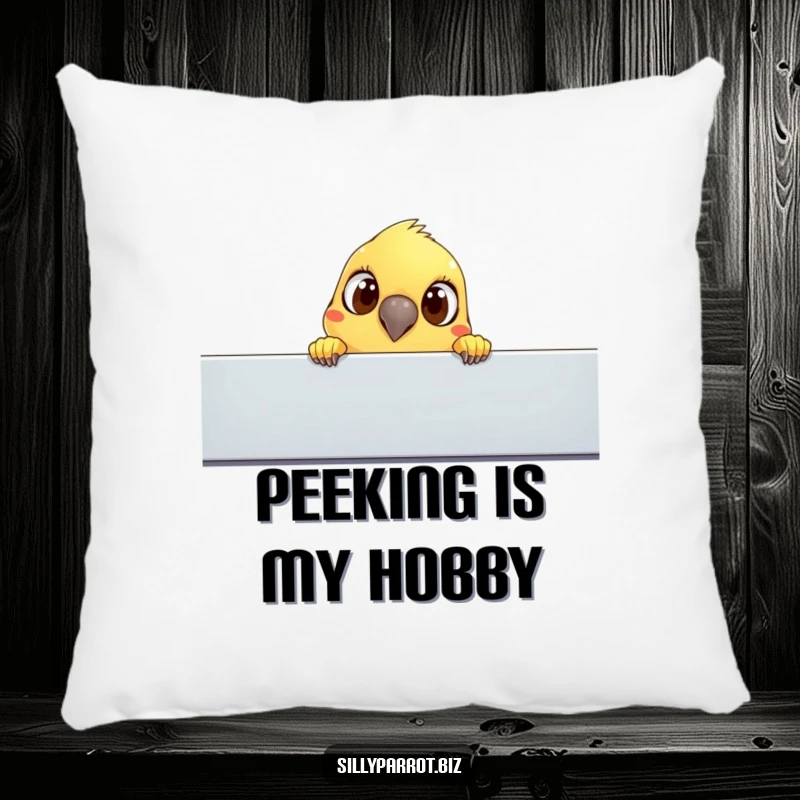 Funny pillow: A parrot with wide, curious eyes peeks over a cubicle, a soft and humorous addition to any space.