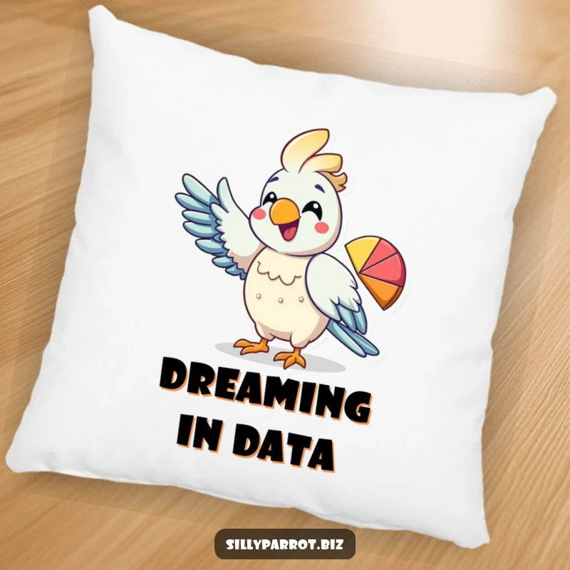 Funny pillow featuring a parrot enthusiastically pointing its wing at a pie chart, bringing data to life.